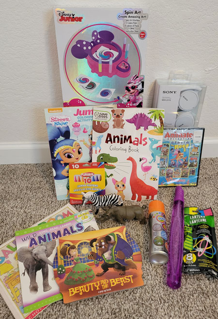 Toys/Activities, Color Books & Colors, Movie & Headphones, Books, Dining & Coffee Gift Cards